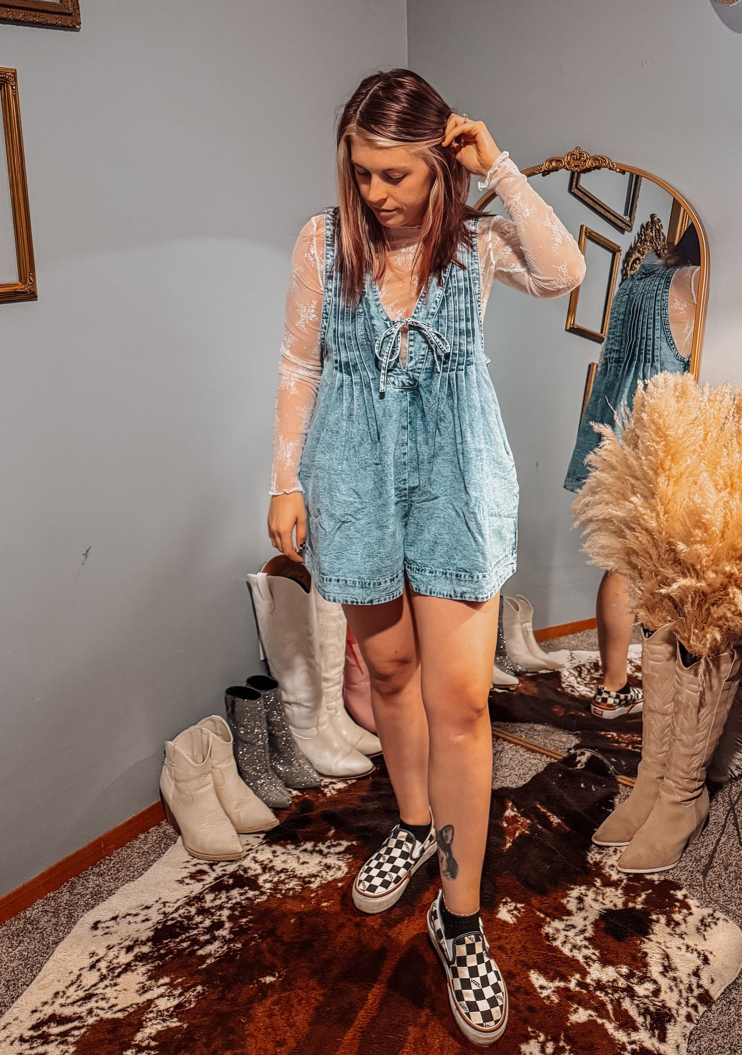 Pleated Denim Romper