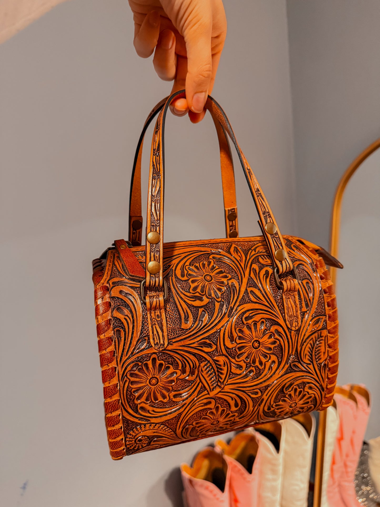 Floral Tooled Leather Duffle Bag