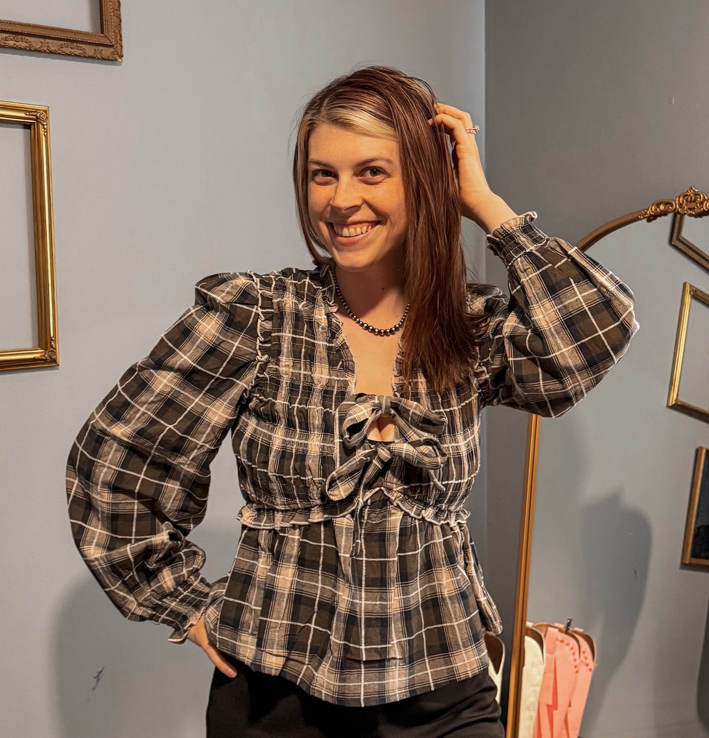 Sadie Plaid Bow Blouse
