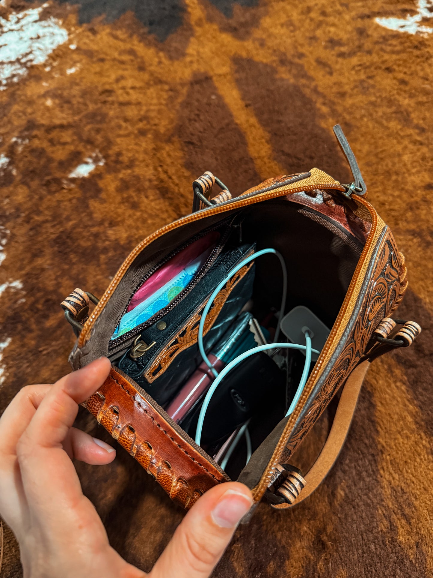 Floral Tooled Leather Duffle Bag
