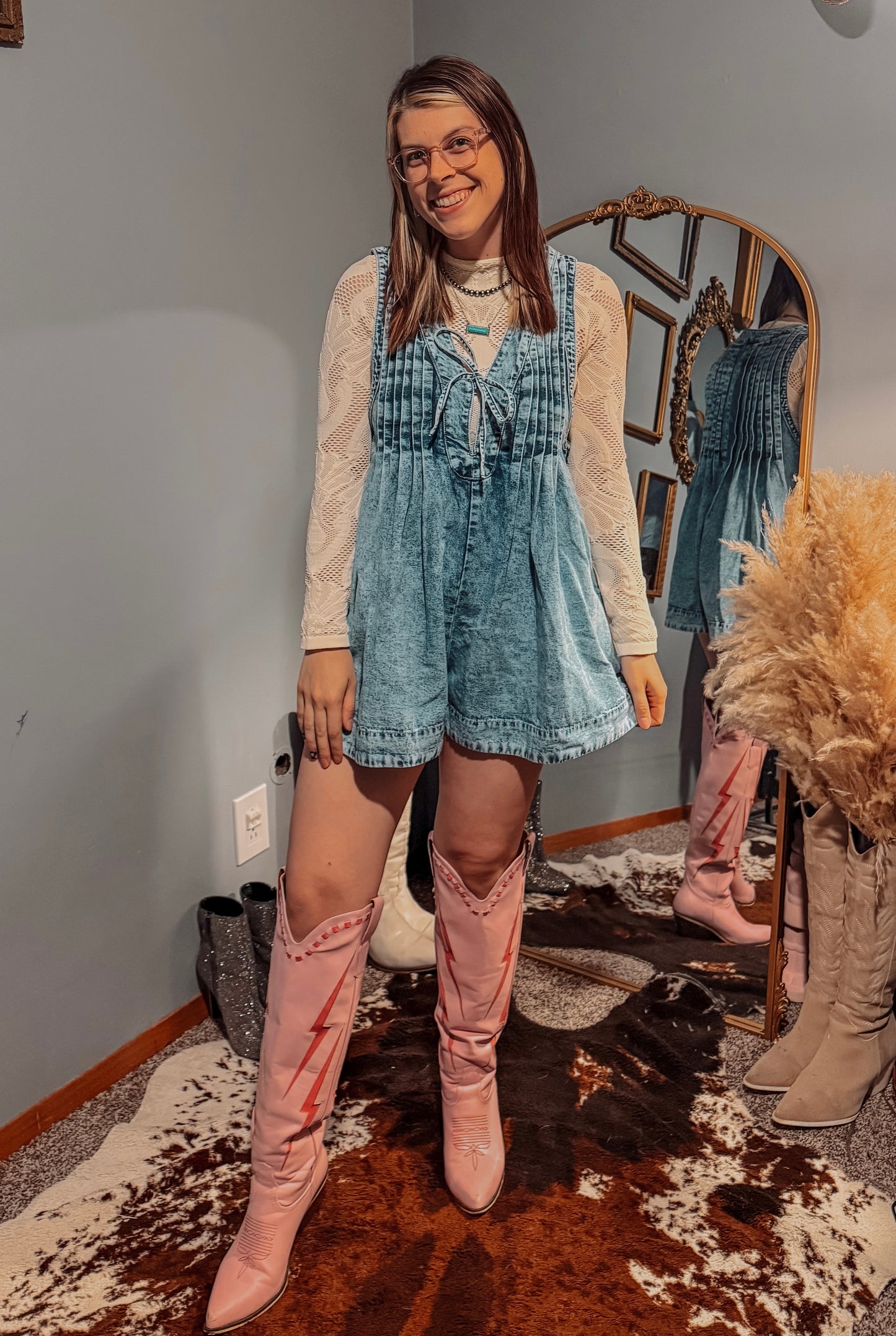 Pleated Denim Romper