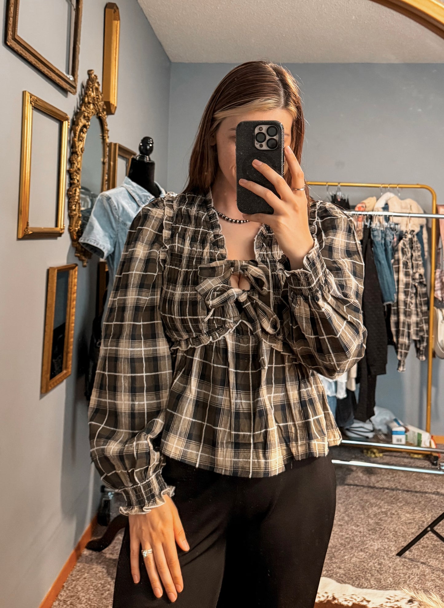 Sadie Plaid Bow Blouse
