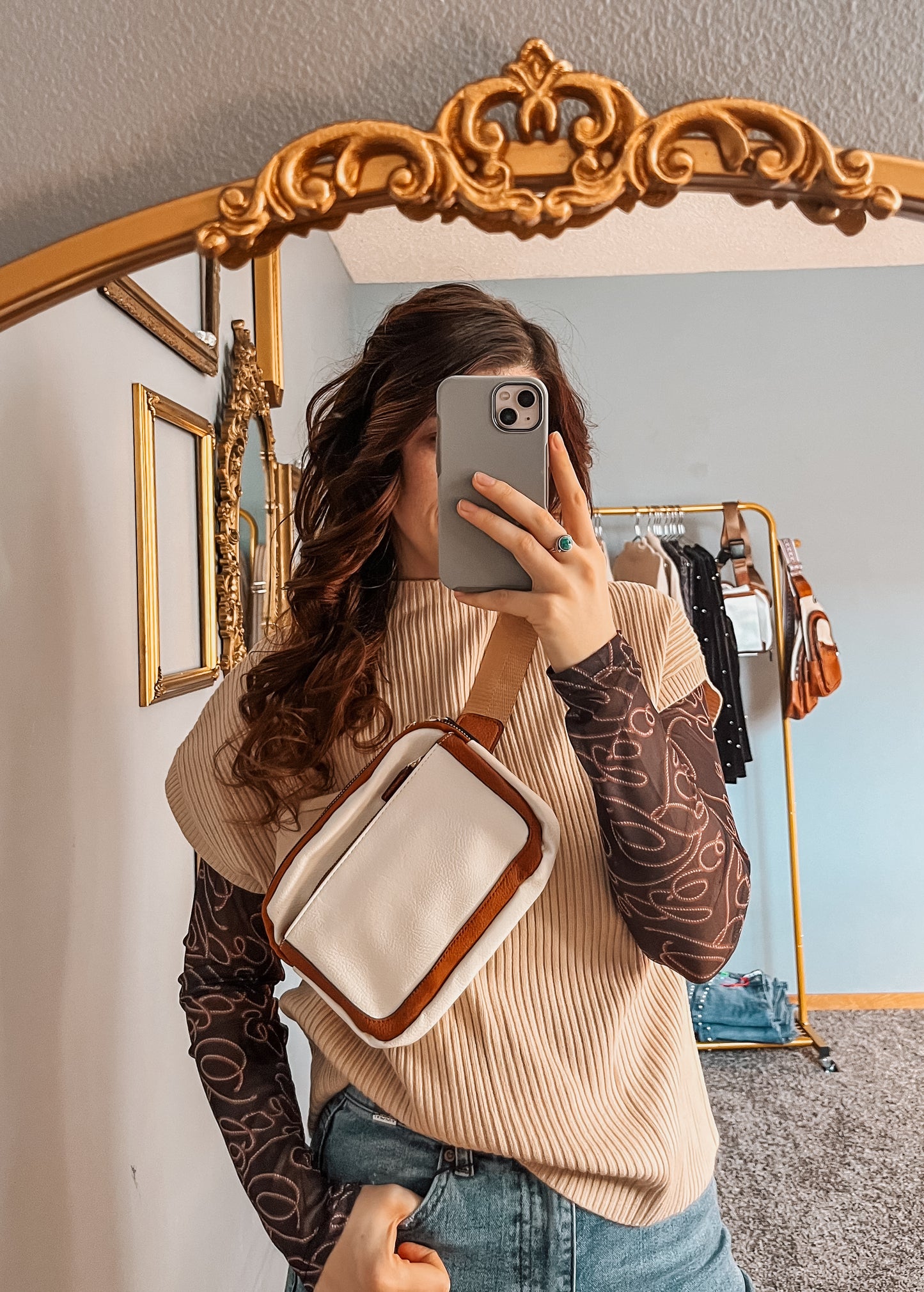 Beige Mom Crossbody Bag