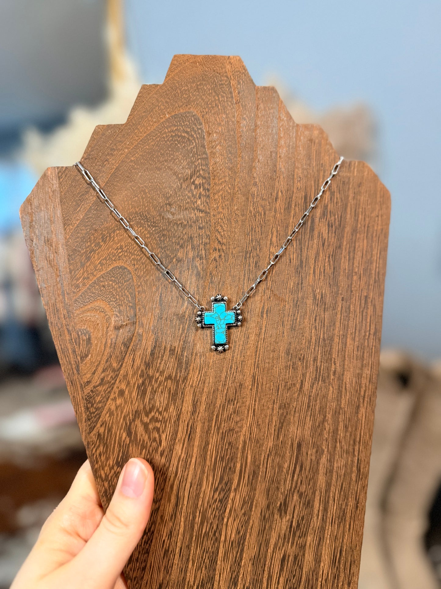 Faux Turquoise Cross Necklace