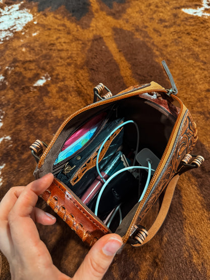 Floral Tooled Leather Duffle Bag