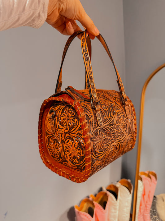 Floral Tooled Leather Duffle Bag