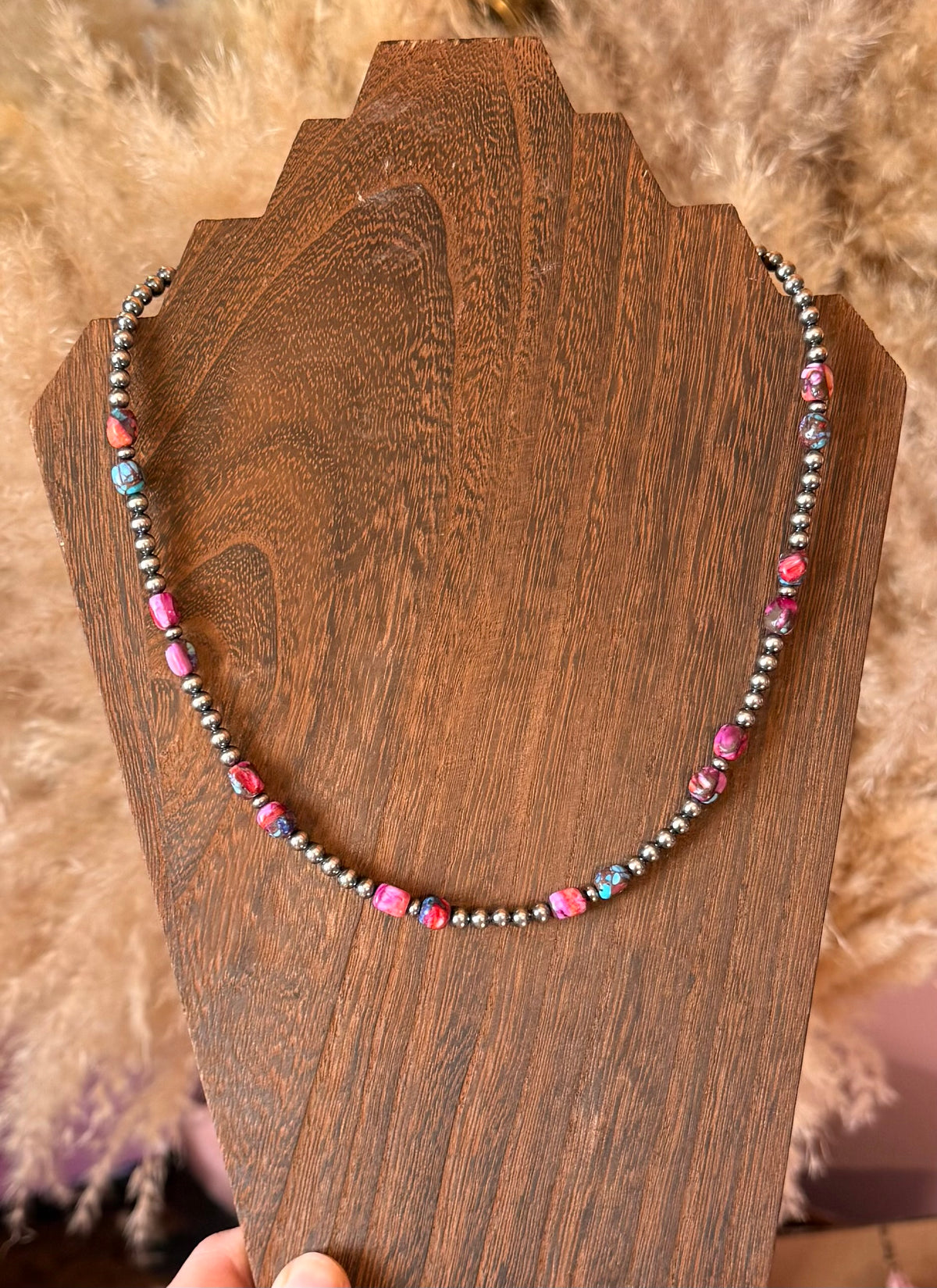 Pink Mojave-Style Turquoise & Sterling Silver Pearl Necklace