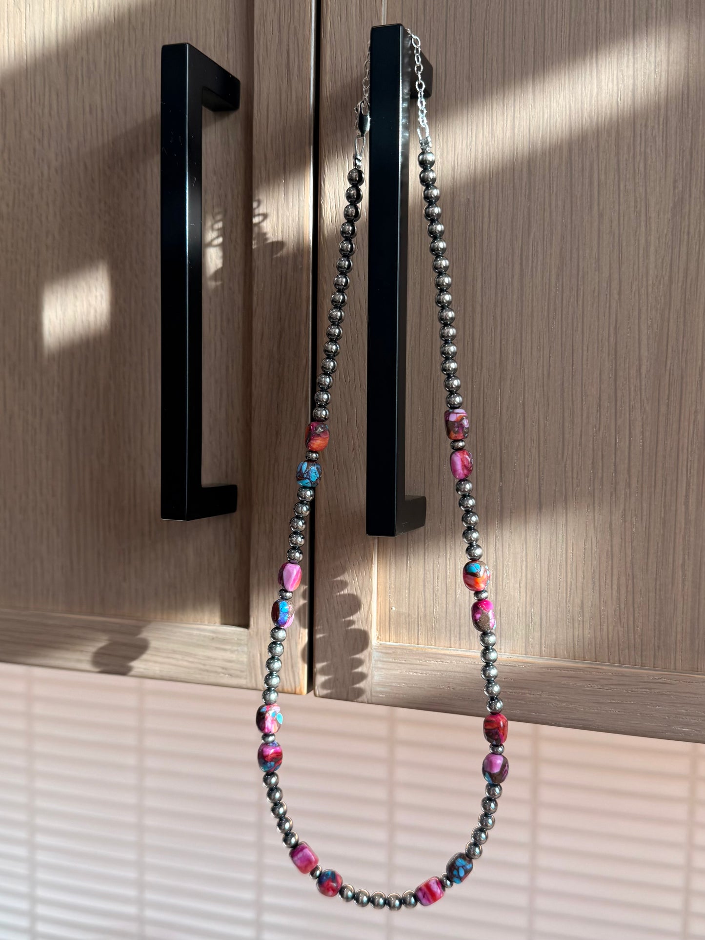 Pink Mojave-Style Turquoise & Sterling Silver Pearl Necklace