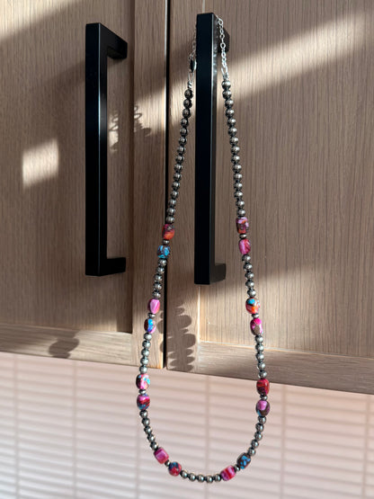 Pink Mojave-Style Turquoise & Sterling Silver Pearl Necklace
